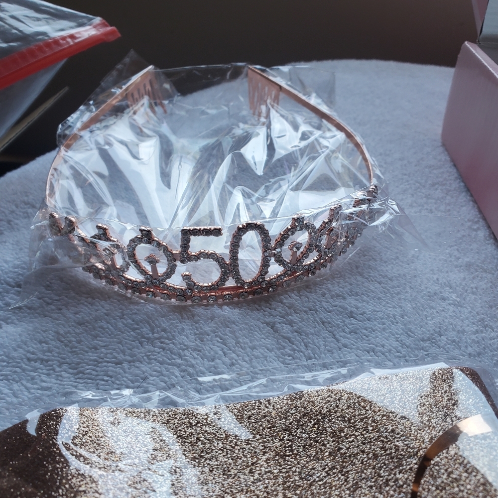 50th Birthday Rosegold Bling Tiara Sash Candles & Cake Topper Lot Of 1